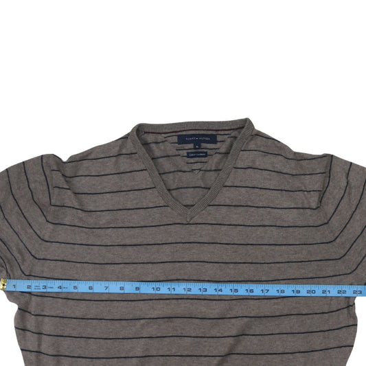 Tommy Hilfiger Men's Grey Striped V-Neck Cotton Cashmere Jumper XL