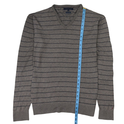 Tommy Hilfiger Men's Grey Striped V-Neck Cotton Cashmere Jumper XL