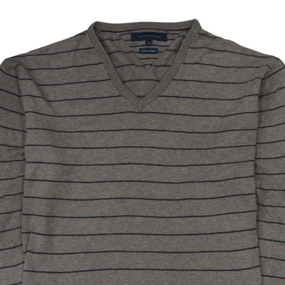Tommy Hilfiger Men's Grey Striped V-Neck Cotton Cashmere Jumper XL