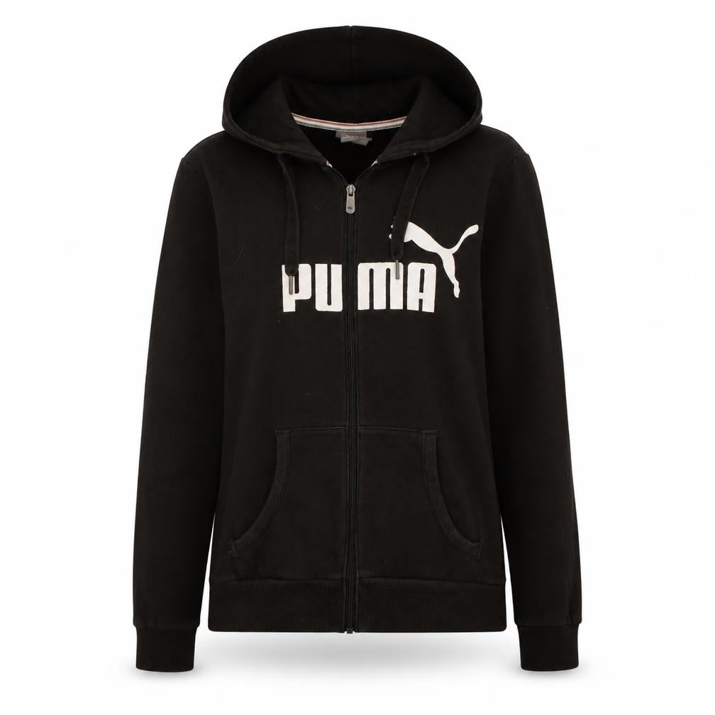 Front view of Puma women’s black full zip hoodie, size UK 10, classic fit