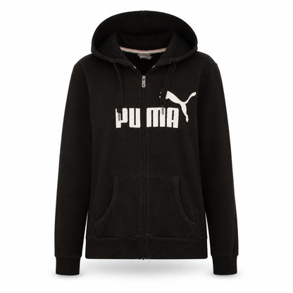 Front view of Puma women’s black full zip hoodie, size UK 10, classic fit