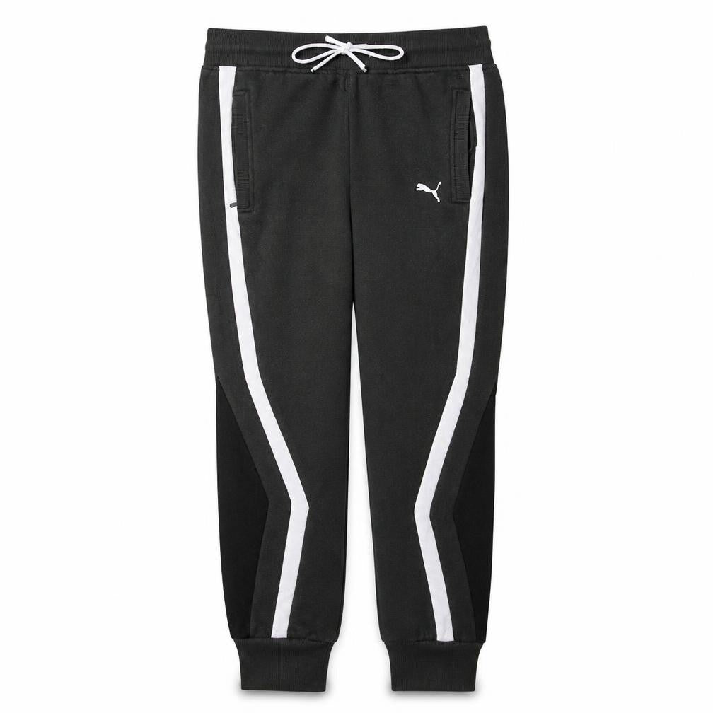 Front view of Puma Men's Black Jogger Trousers L Fleece Lined Stripe Logo