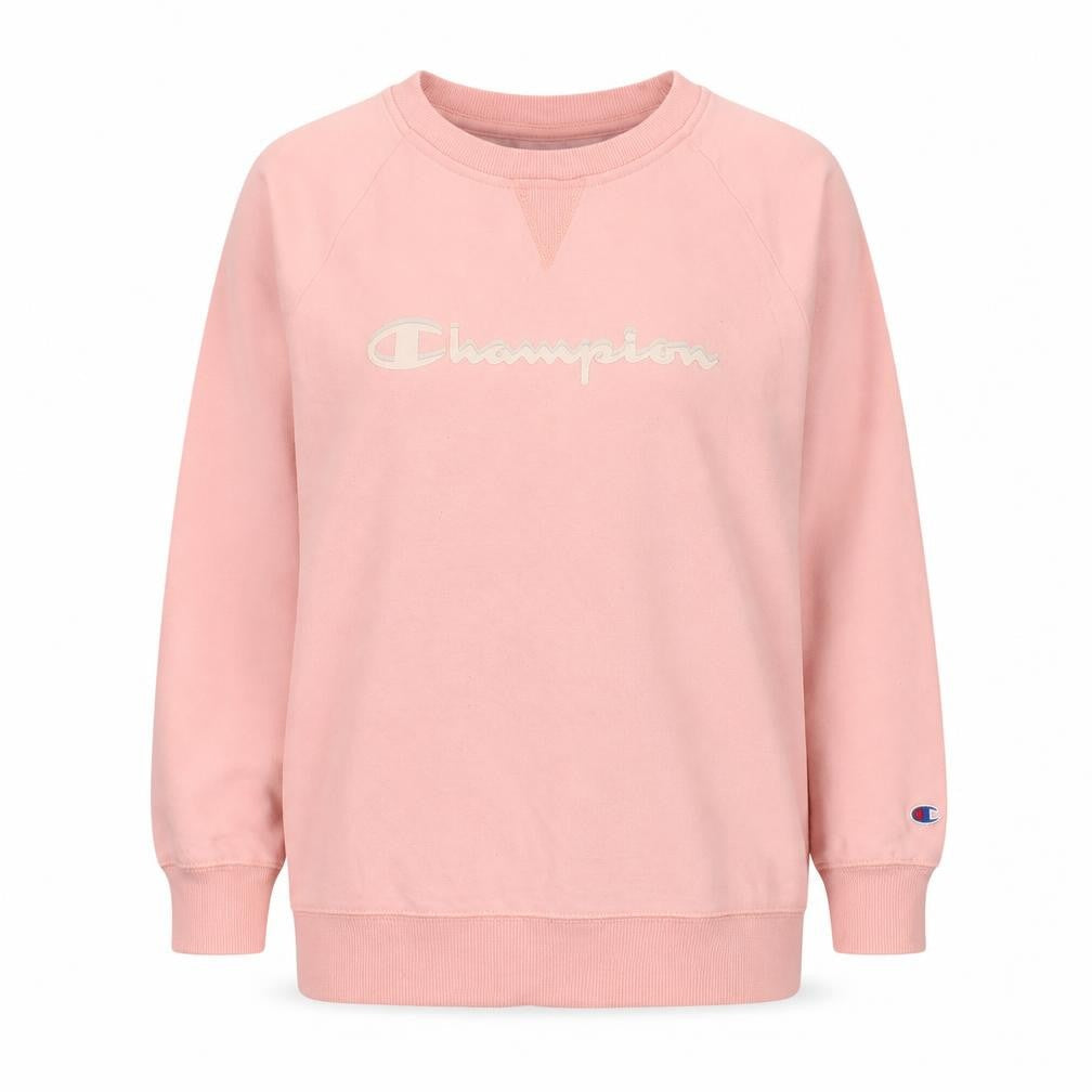Front view of Champion girls’ pink xl pullover sweatshirt crew neck logo jumper