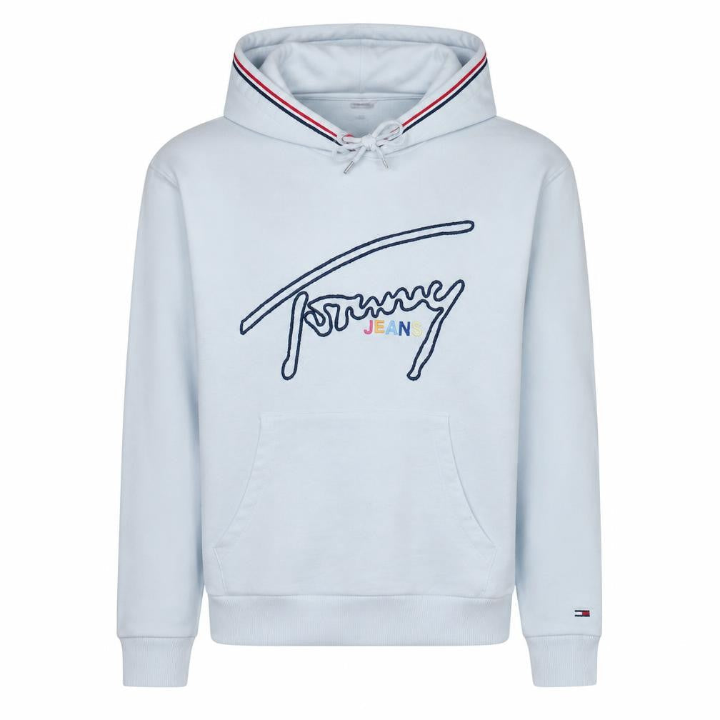 Front view of Tommy Jeans Men's White Pullover Hoodie, size L, Embroidered Logo