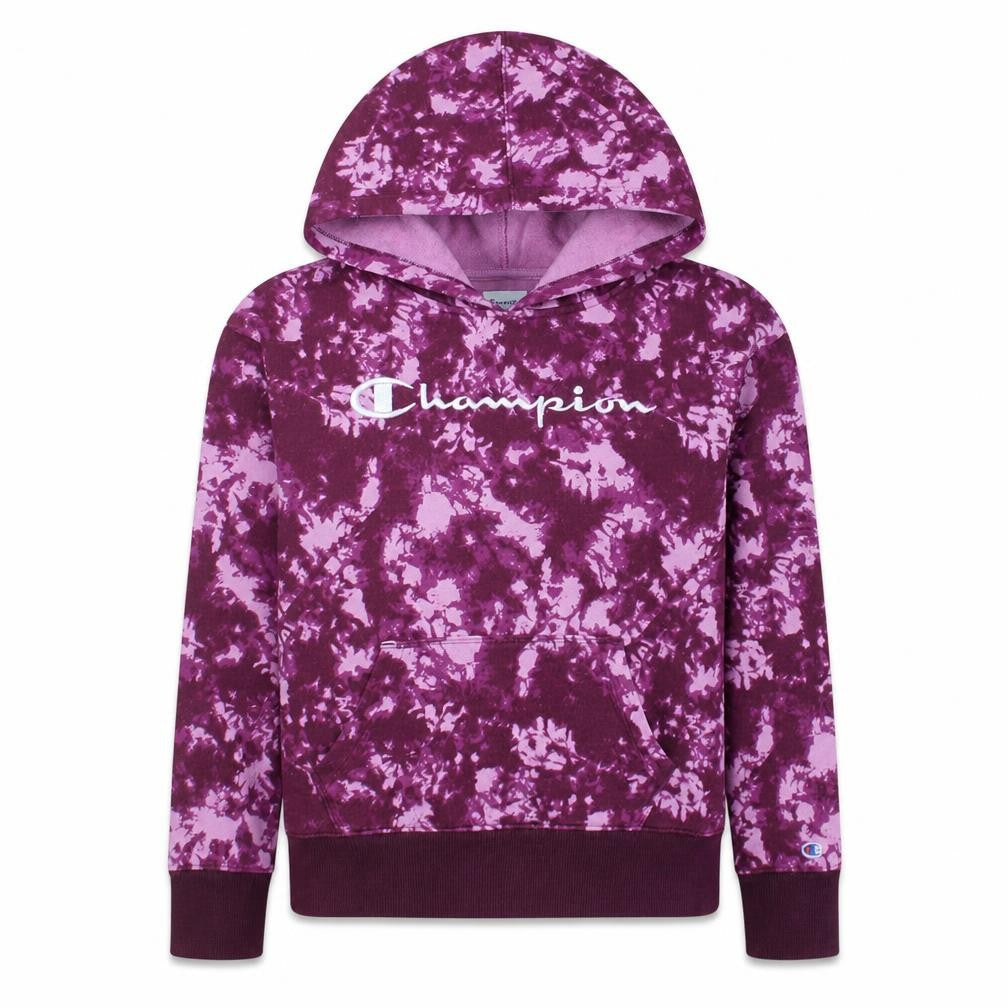 Front view of Champion women’s purple tie dye hoodie small pullover cotton blend