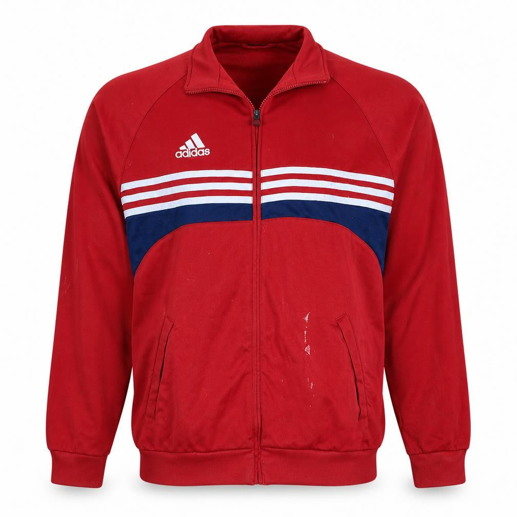 Front view of Adidas Men's Red Full Zip Track Sweatshirt, size L, Sports Top