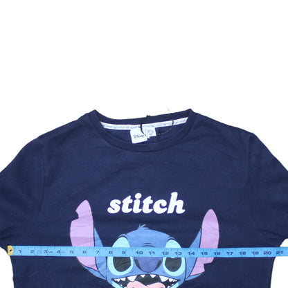 Disney Womens Navy Blue Stitch Sweatshirt Size S 10/12 Crew Neck
