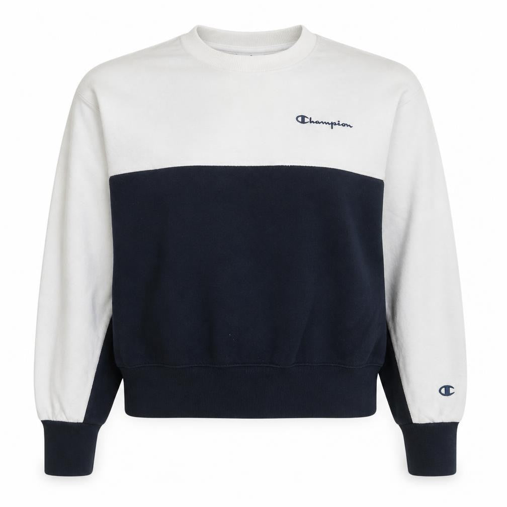 Front view of Champion Women's Beige and Navy Colourblock Crew Neck Sweatshirt Medium