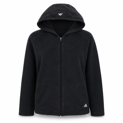 Front view of Adidas women’s black full zip hoodie, size M, classic hooded sweatshirt