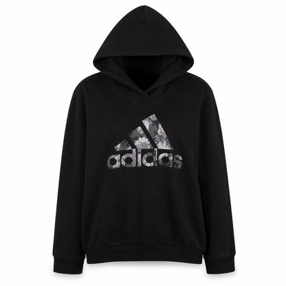 Front view of Adidas Women's Black Pullover Hoodie, size L, 16-18 Logo Print Sportswear