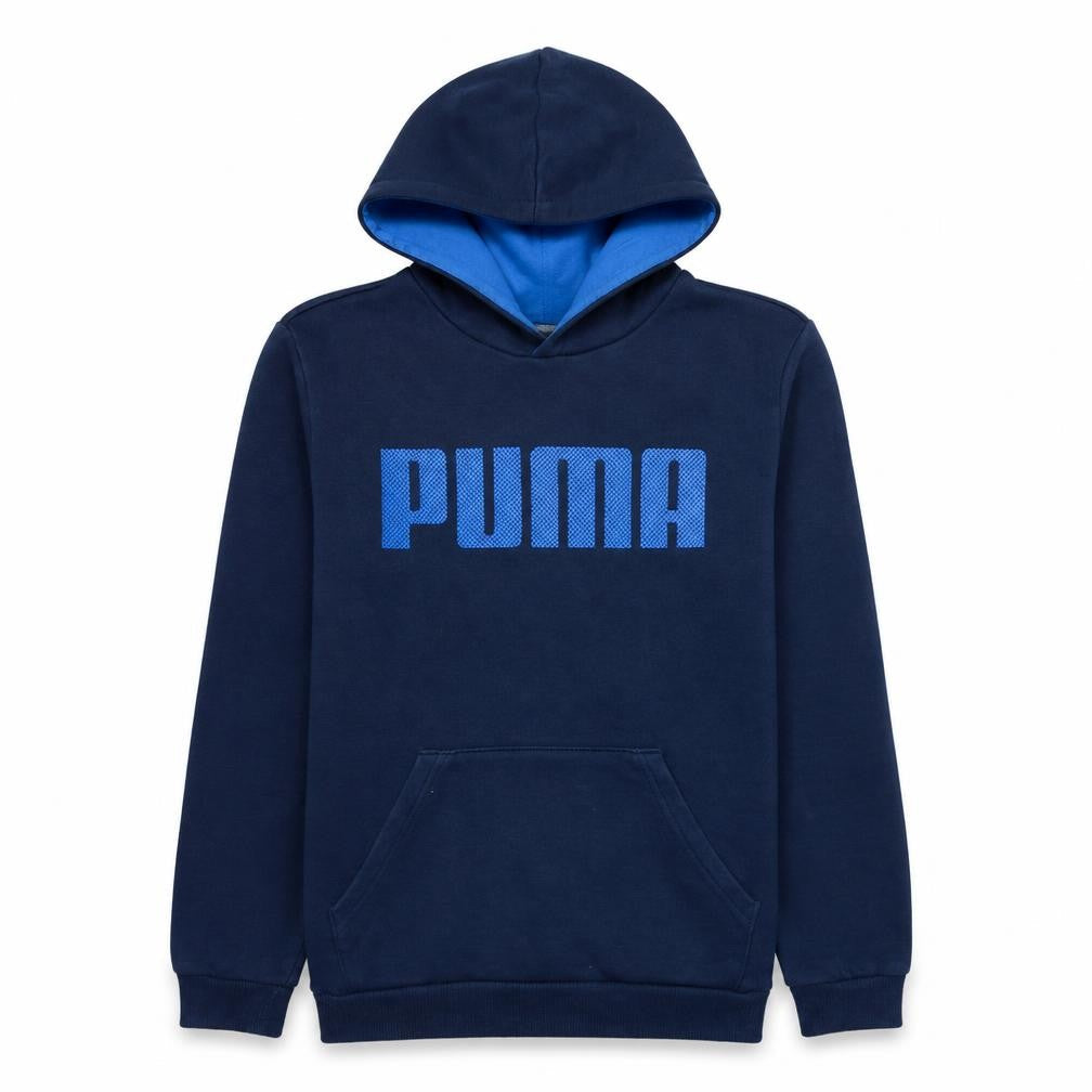 Front view of Puma boys’ navy blue pullover hoodie long sleeve logo sweatshirt age 14