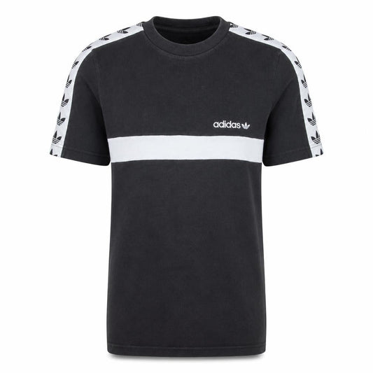 Front view of Adidas Men's Black Crew Neck Short Sleeve Stripe T-Shirt, size S