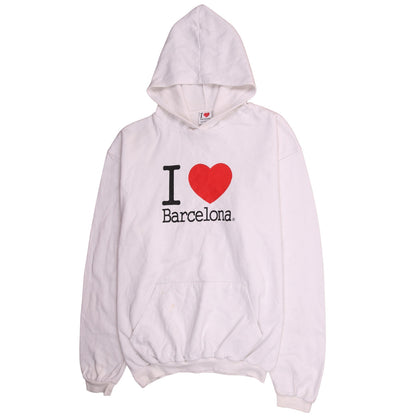 I Love Barcelona White Pullover Hoodie Men 2XL Graphic Print Fleece