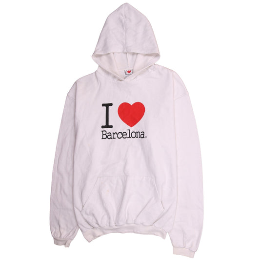 I Love Barcelona White Pullover Hoodie Men 2XL Graphic Print Fleece