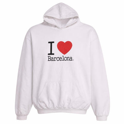 Front view of I Love Barcelona White Pullover Hoodie Men 2XL Graphic Print Fleece