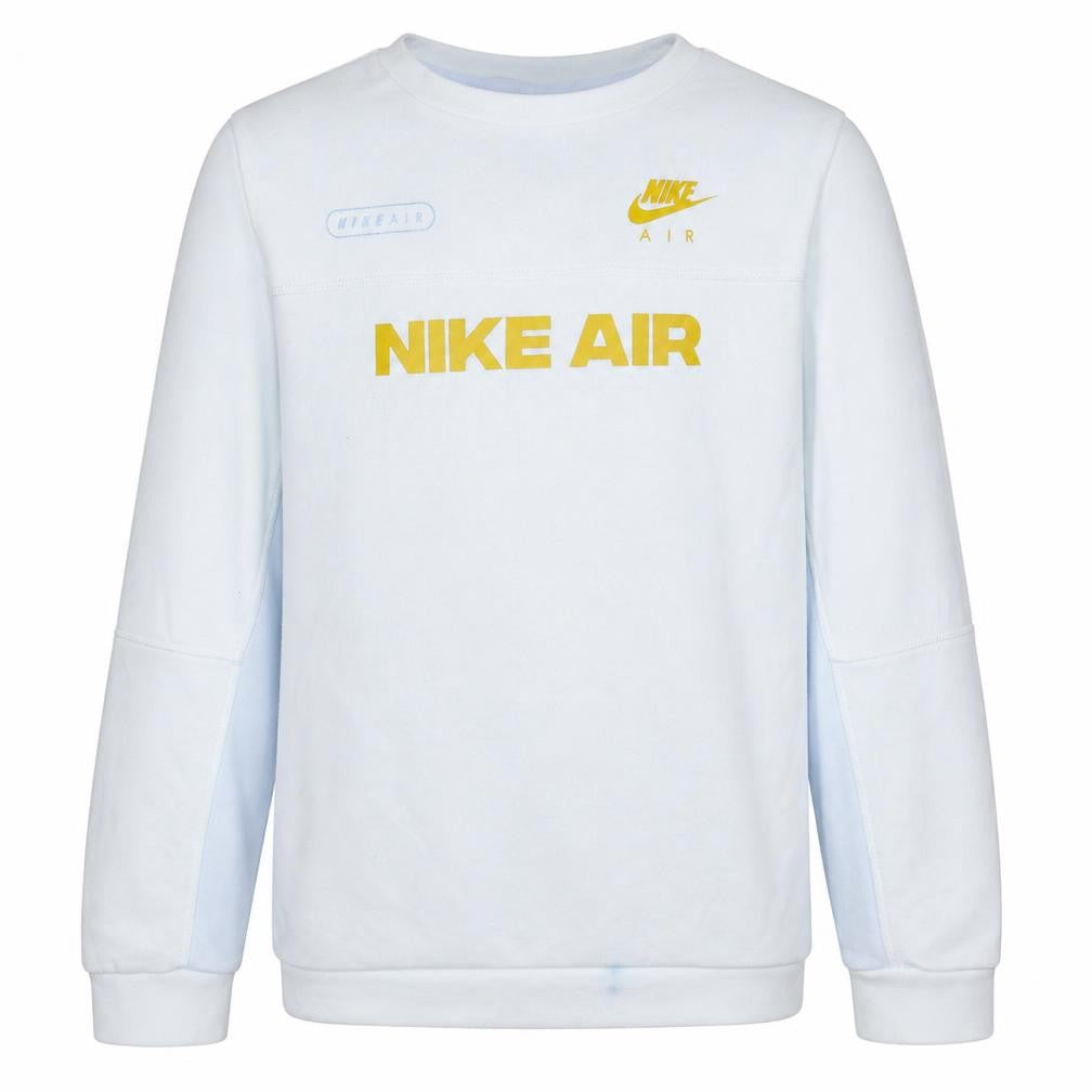Front view of Nike boys’ white yellow air logo crew neck sweatshirt xl 158-170cm