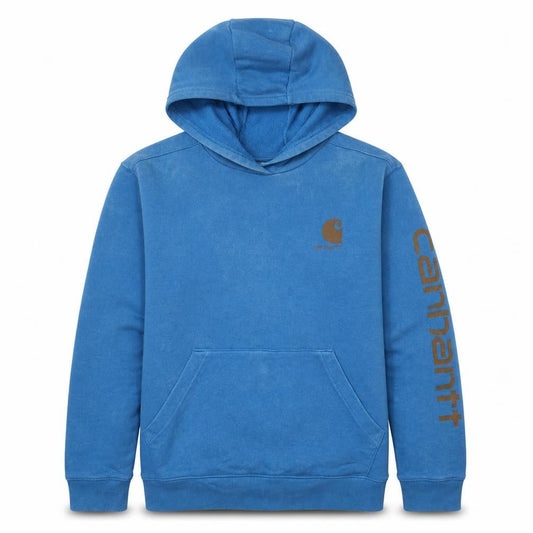 Front view of Carhartt Teens Blue Pullover Hoodie Logo Print, size 14 Slim