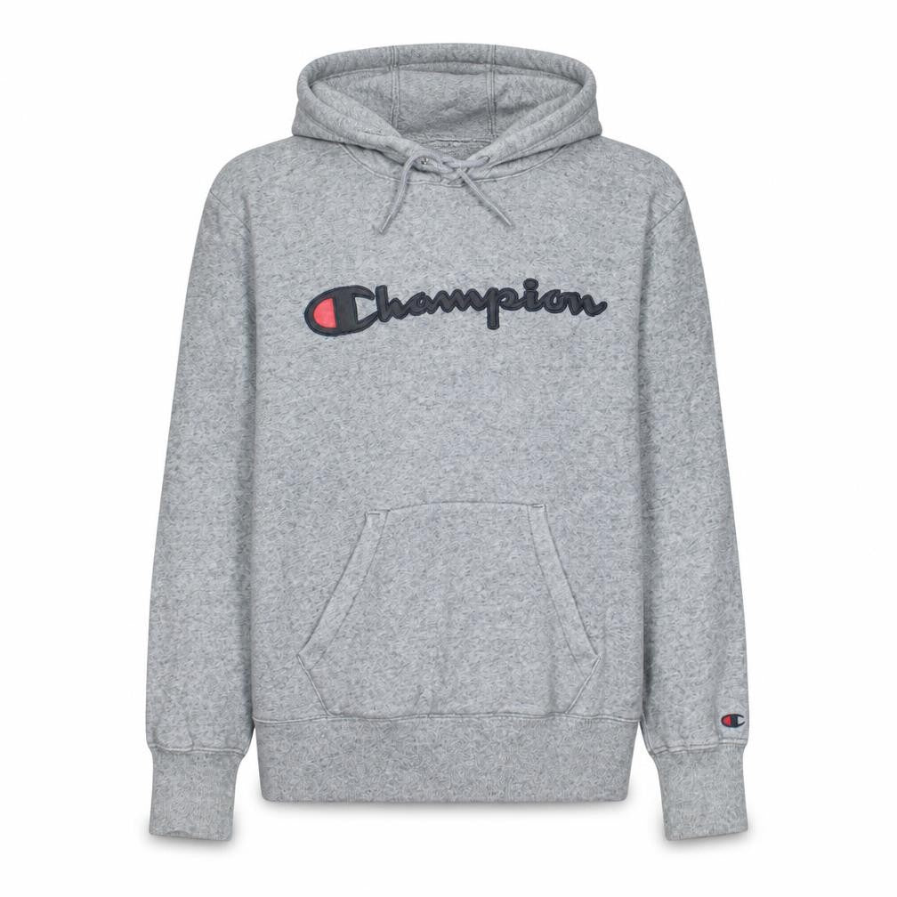 Front view of Champion Men’s Grey Pullover Hoodie Small Logo Fleece Sweatshirt