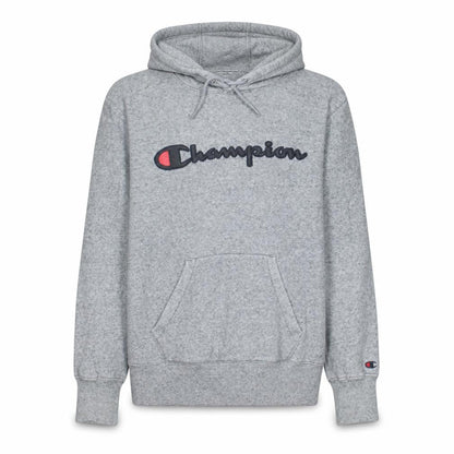 Front view of Champion Men’s Grey Pullover Hoodie Small Logo Fleece Sweatshirt