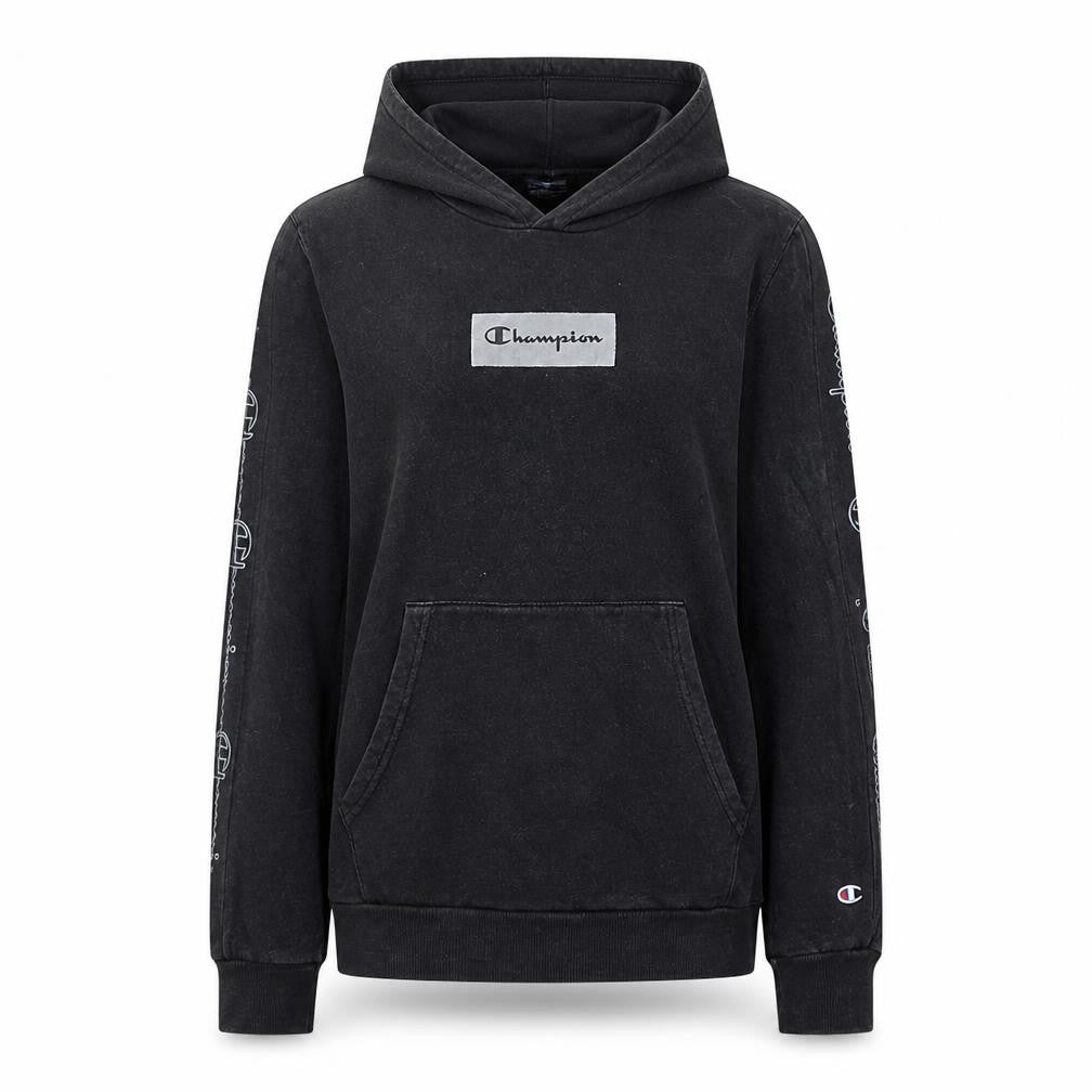 Front view of Champion Black 2XL Teens Hoodie Pullover Cotton Blend Logo Sleeve Print