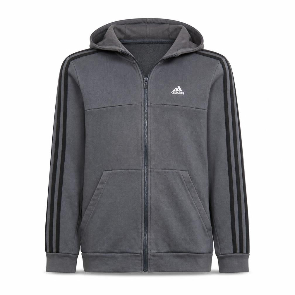 Front view of Adidas boys’ grey full zip hoodie, size 10-11, years fleece lined sportswear