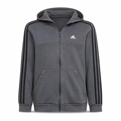 Front view of Adidas boys’ grey full zip hoodie, size 10-11, years fleece lined sportswear
