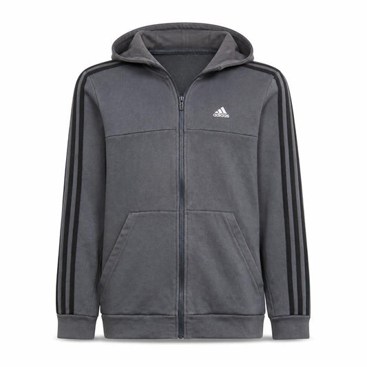 Front view of Adidas boys’ grey full zip hoodie, size 10-11, years fleece lined sportswear