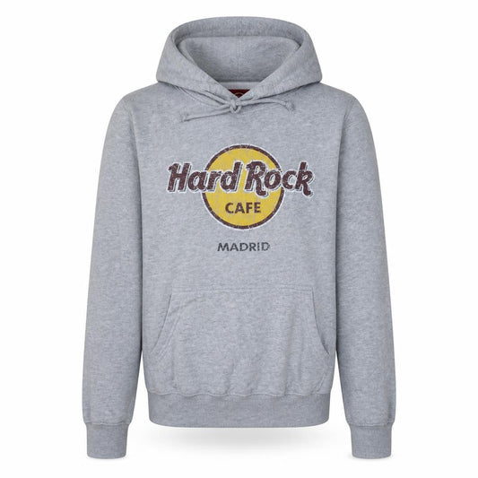 Front view of Hard Rock Cafe Madrid Grey Pullover Hoodie unisex small fleece