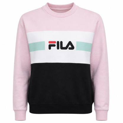 Front view of Fila Women Pink Colourblock Logo Crew Neck Pullover Sweatshirt, size S
