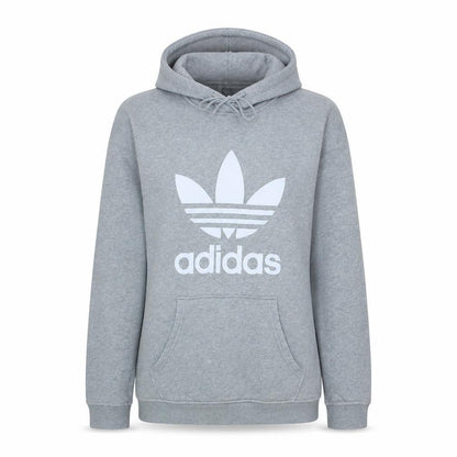 Front view of Adidas Women Grey Pullover Hoodie UK 12 Logo Print Lined Sweatshirt