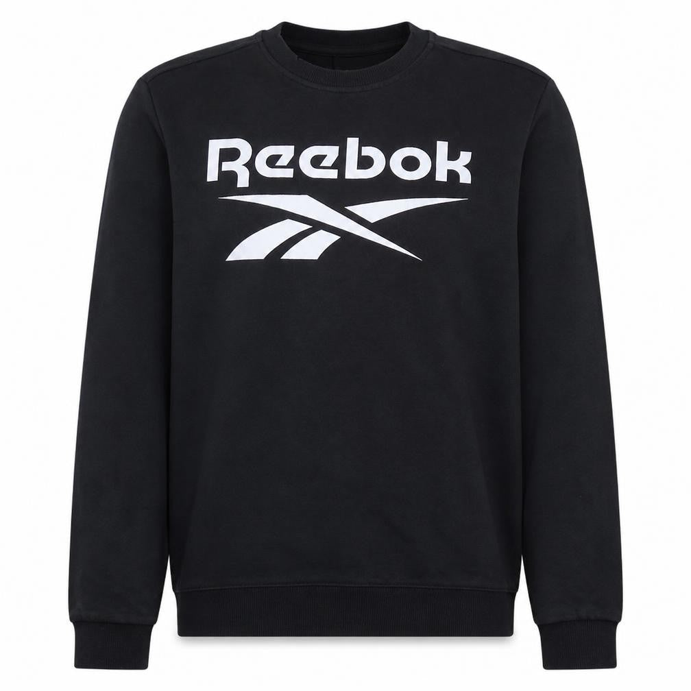 Front view of Reebok Men Black M Pullover Sweatshirt Crew Neck Logo Fleece