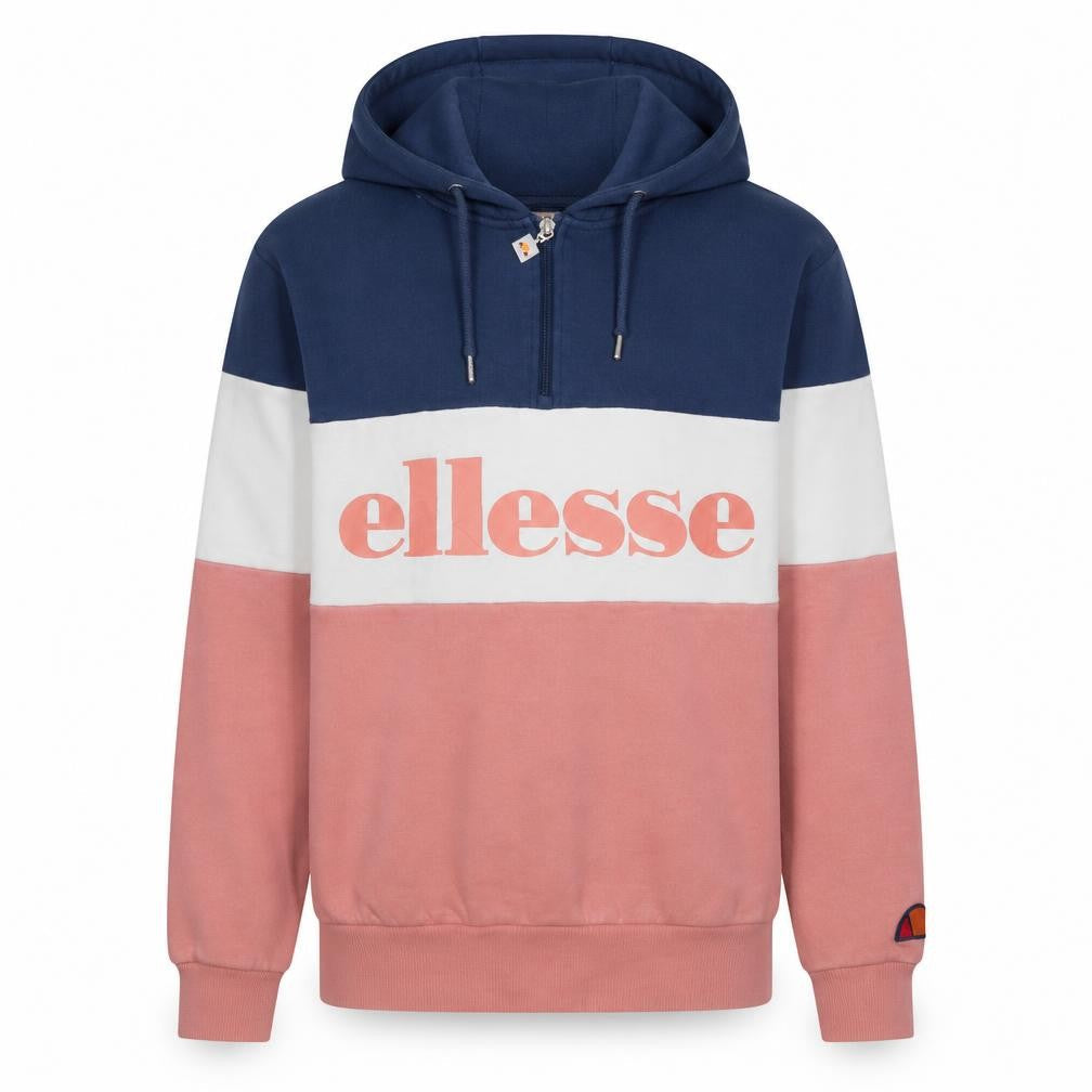 Front view of Ellesse Men's Blue White Pink 1/4 Zip Hoodie, size S, Retro Style
