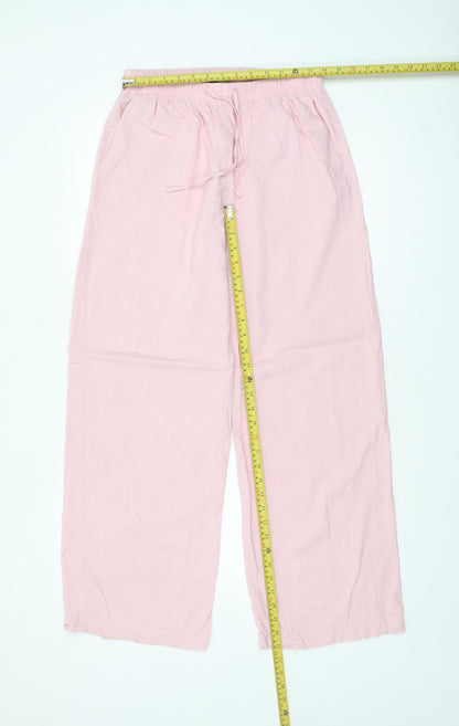 Bershka Women Pink Wide-Leg Linen Blend Trousers Size 12