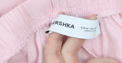 Bershka Women Pink Wide-Leg Linen Blend Trousers Size 12