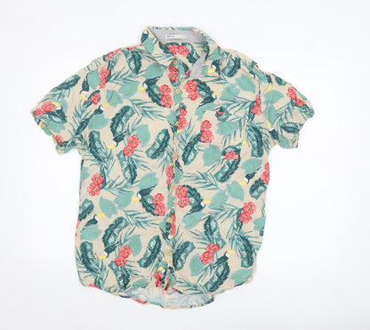 Hering Men's Beige Tropical Floral Short Sleeve Button-Up Shirt L
