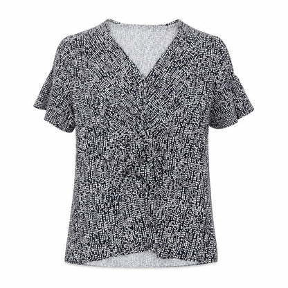CC Womens Blue Geometric V-Neck Short Sleeve Tunic Blouse Size L