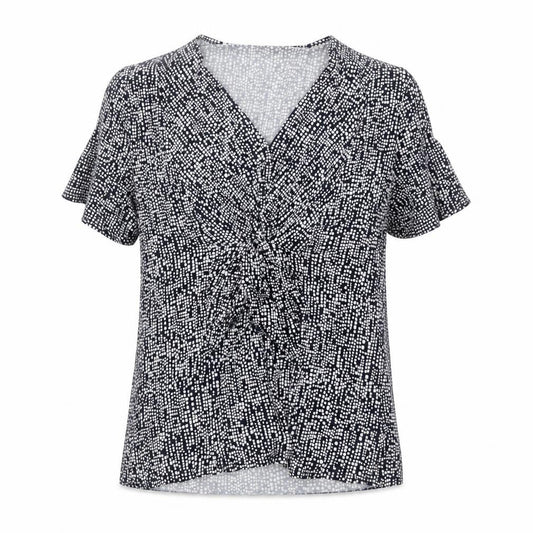 CC Womens Blue Geometric V-Neck Short Sleeve Tunic Blouse Size L
