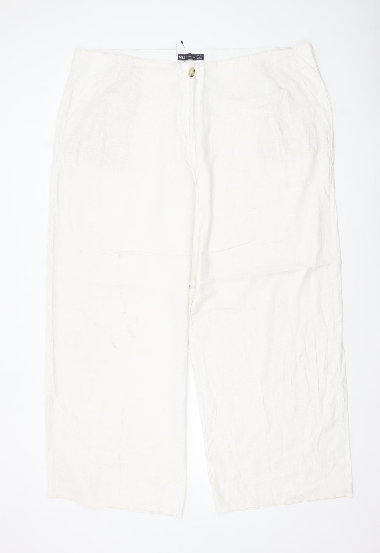 Marks and Spencer Women Ivory Linen Blend Straight Trousers Size 22