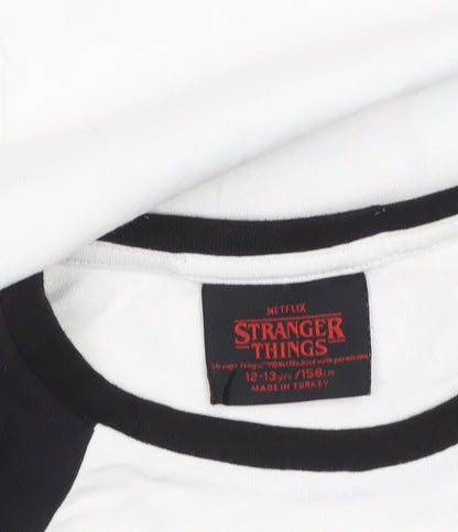 Stranger Things Boys White Black Hellfire Club Long Sleeve T-Shirt 12-13 Years
