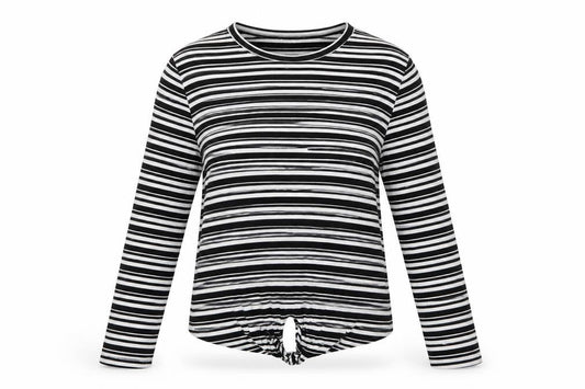 Front view of Red Herring women’s black striped long sleeve jersey t-shirt, size UK 14