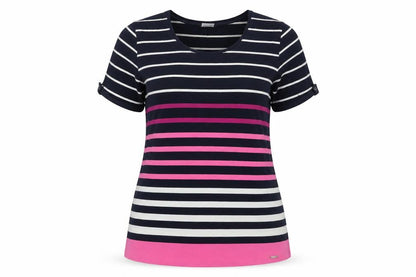 Front view of Your Sixth Sense women’s multicoloured striped short sleeve cotton t-shirt, size UK 20