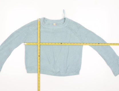Pull & Bear Women's Blue Waffle Knit Crew Neck Jumper Size S