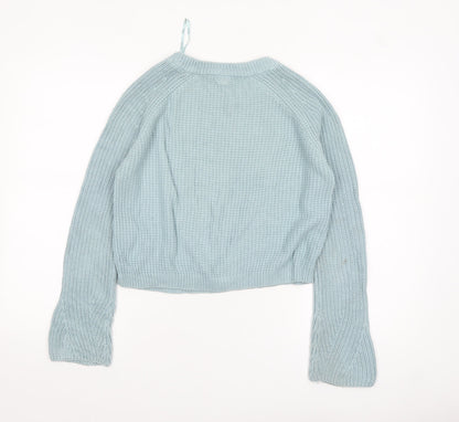 Pull & Bear Women's Blue Waffle Knit Crew Neck Jumper Size S