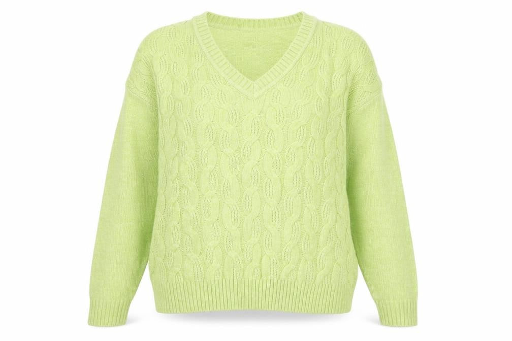 Front view of Marks & Spencer women’s green v-neck cable knit jumper, size S