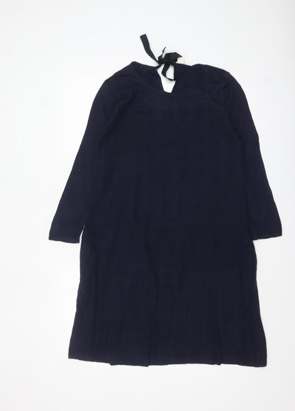 Monsoon Women's Blue Knit Shift Dress Size 12 Long Sleeve Tie Neck