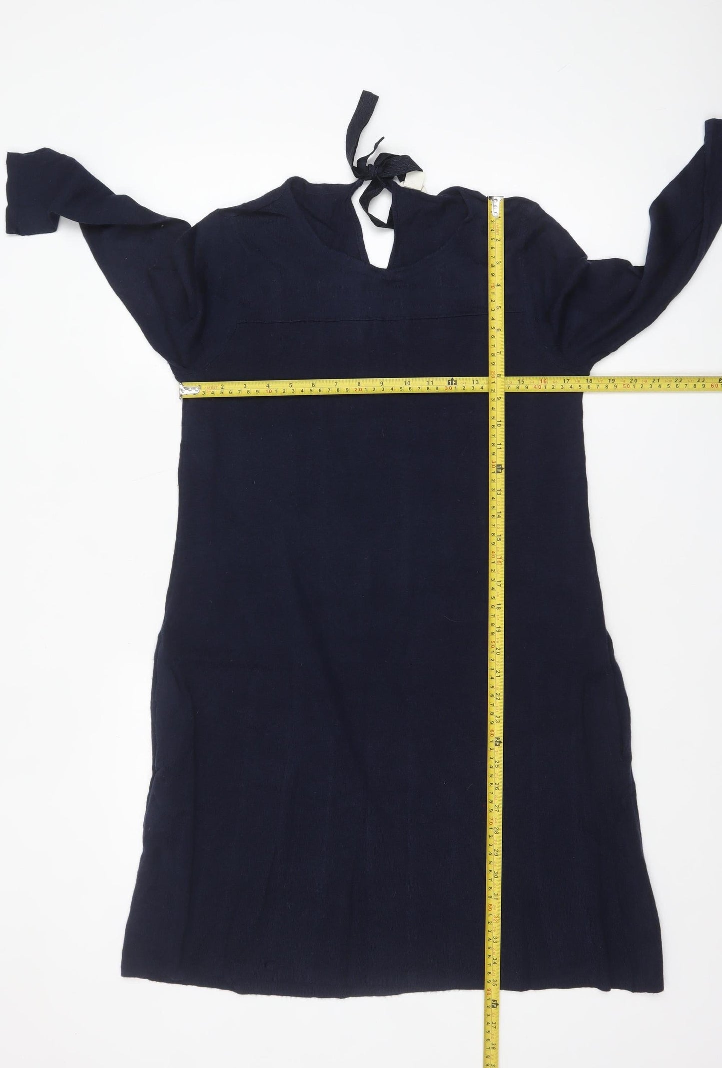 Monsoon Women's Blue Knit Shift Dress Size 12 Long Sleeve Tie Neck