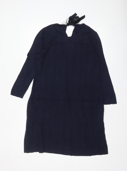 Monsoon Women's Blue Knit Shift Dress Size 12 Long Sleeve Tie Neck