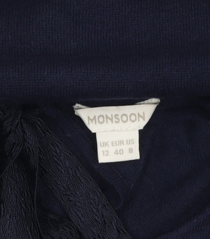 Monsoon Women's Blue Knit Shift Dress Size 12 Long Sleeve Tie Neck