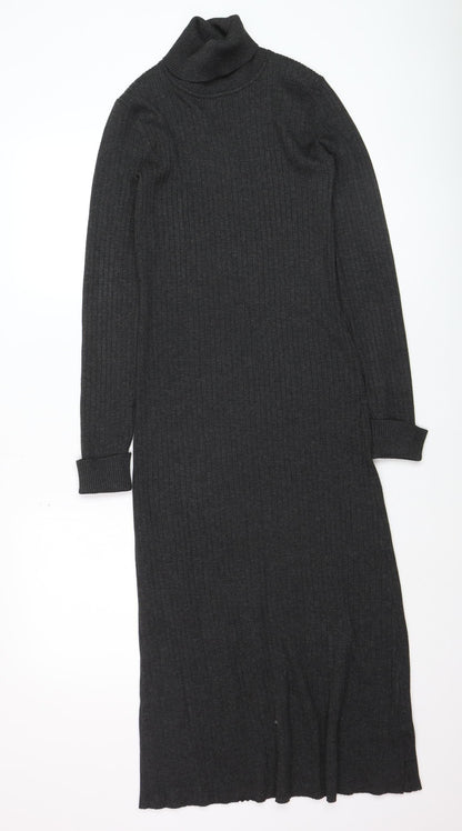 New Look Women’s Grey Ribbed Roll Neck Midi Bodycon Dress Size 12