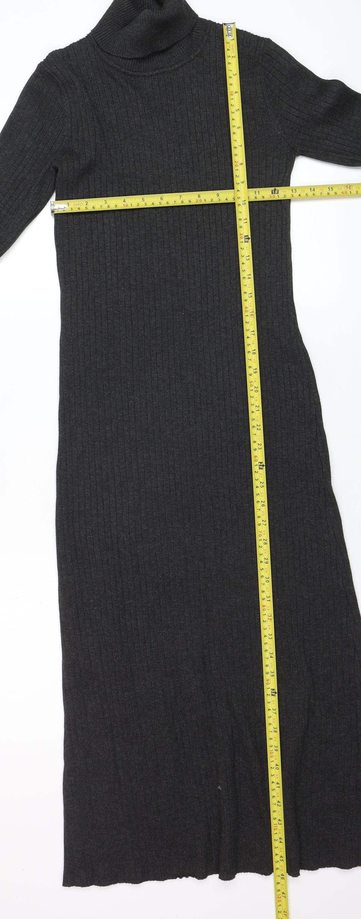 New Look Women’s Grey Ribbed Roll Neck Midi Bodycon Dress Size 12